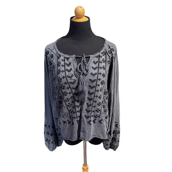 Free People Gray Embroidered Blouse - Picture 7 of 8